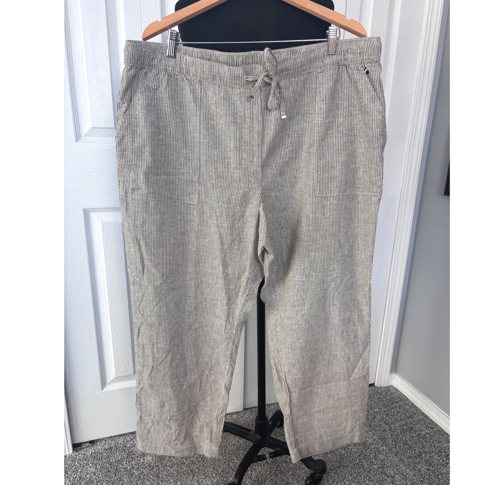Tommy Hilfiger Striped Linen‎ Cotton  Drawstring Pants Women's XXL Beige Gray